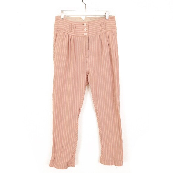 Free People Pants - Free People High Waist Pants Size 4 Straight Leg Striped Pink Cotton EUC B98